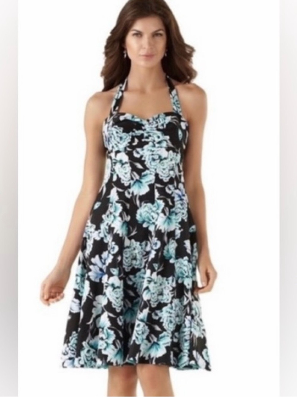 White House Black Market Blue Floral Halter Fit Flare Dress Size 2